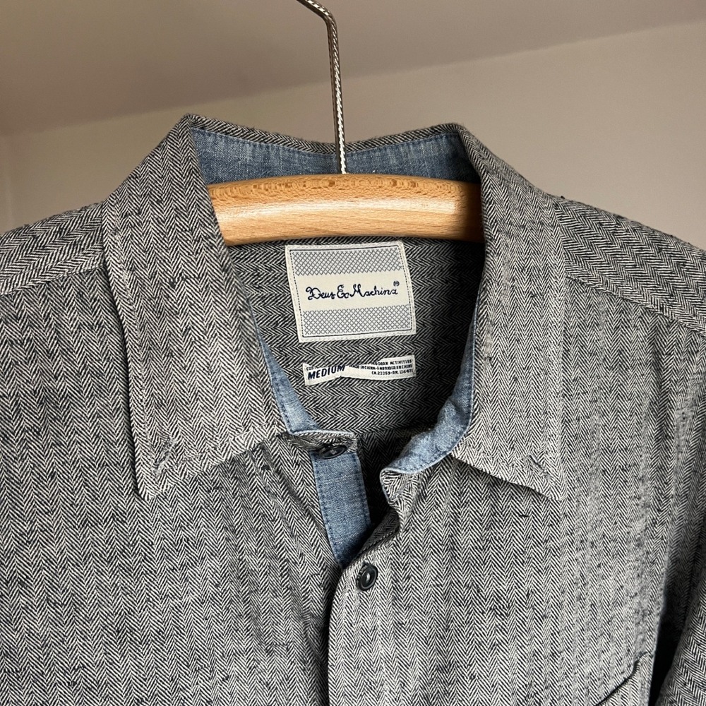 Deus Ex Machina Mens Grey Herringbone Long‎ Sleeve Button Up Shirt Medium Cotton